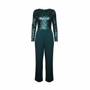 New York And Company Dark Green Sequin Long Sleeve Jumpsuit Christmas Holiday M